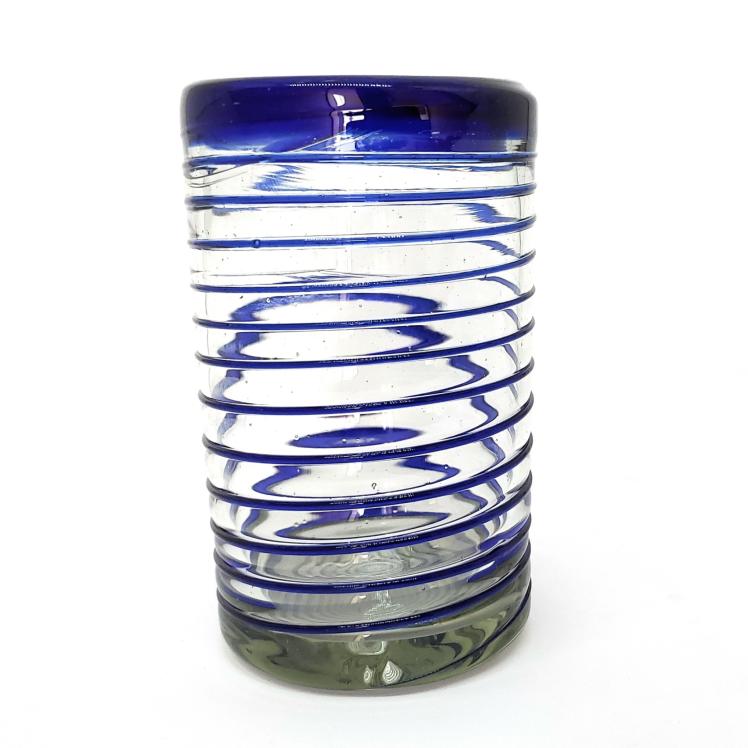 Vasos de Vidrio Soplado / Juego de 6 vasos grandes con espiral azul cobalto / stos elegantes vasos cubiertos con una espiral azul cobalto darn un toque artesanal a su mesa.